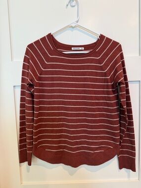 Petite Pink Clover Rust Red and Cream Striped Crew Neck Sweater
